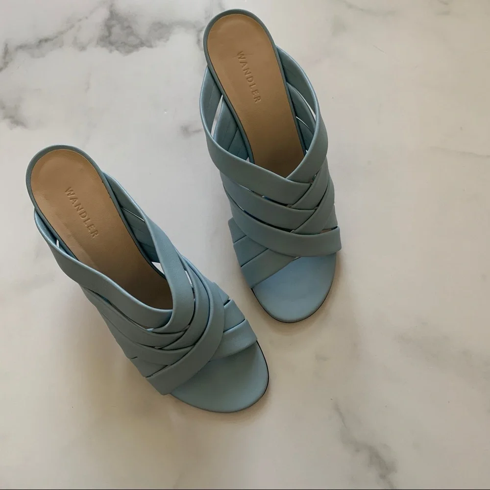 New Wandler Louie woven Italian leather mules in Sky blue EU 39